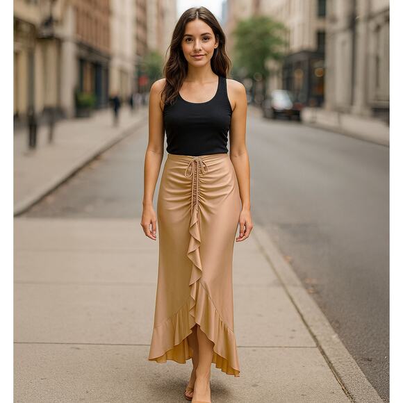 NWT Gold Ruffle Ruched Tulip Romantic Silky Skirt Sz Small - Picture 1 of 7